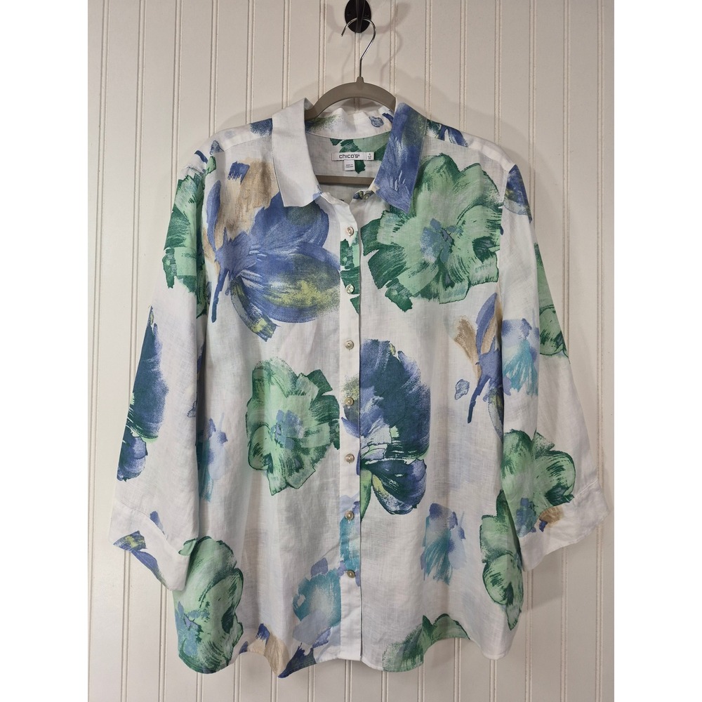 Chicos 100% Linen Floral Button Down Shirt Blue Green Size 4 US 20 3/4 Sleeve